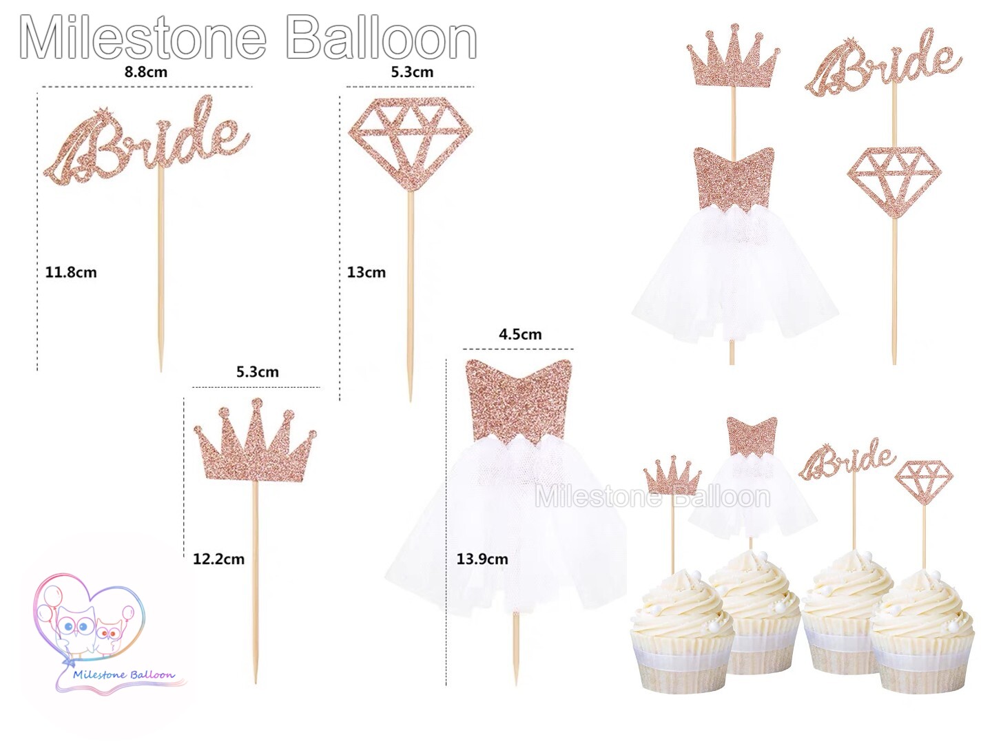 (Bridal Shower Cake Topper) Bride To Be 蛋糕牌 (鑽石皇冠裙) (4pcs in set) PECTS6